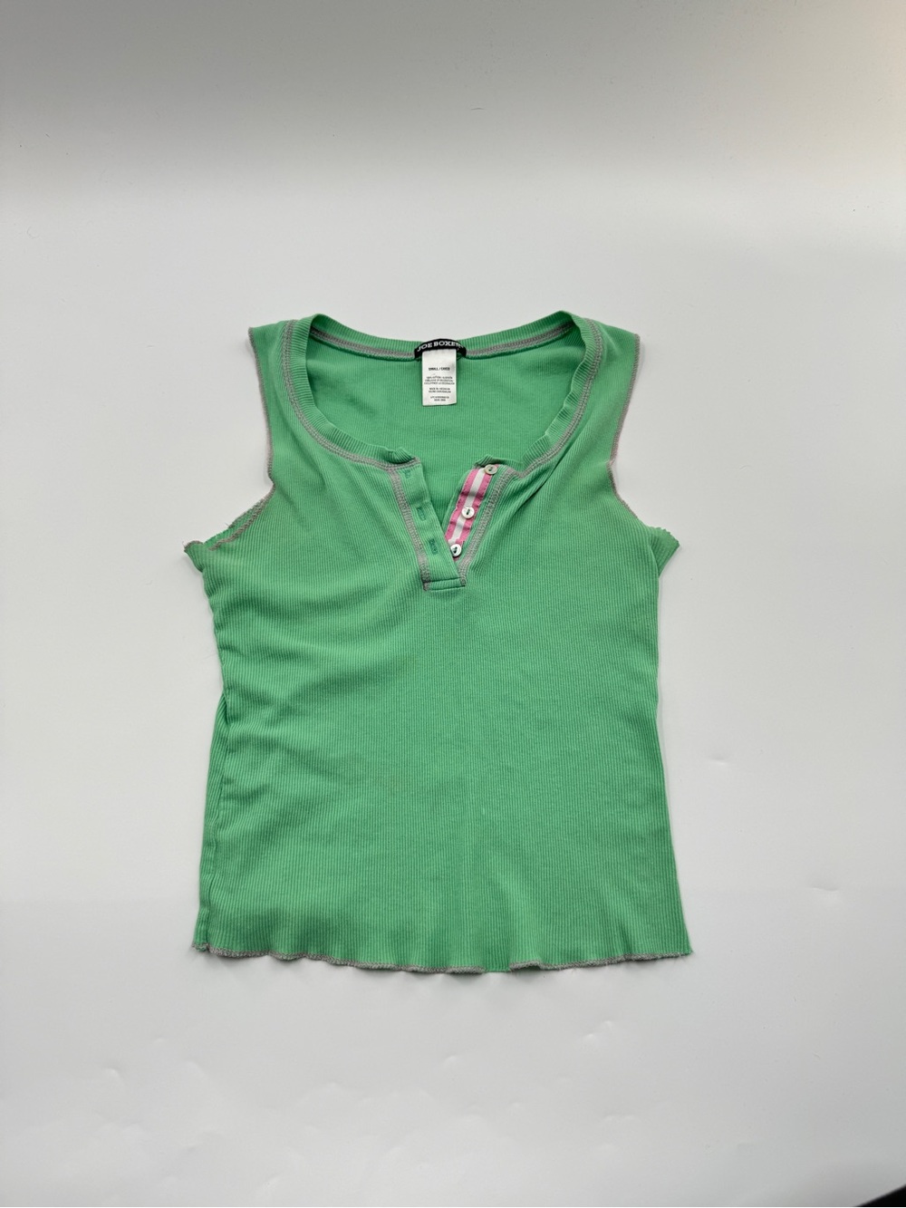 Joe Boxer Green Ribbed Henley Tank Top Pink Stitching Women's Small